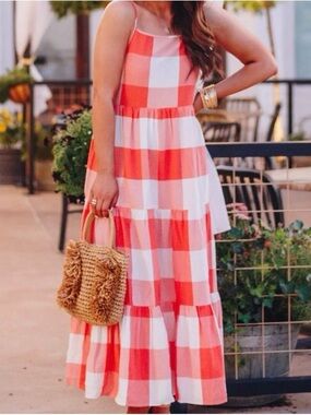 Lou & Grey Coral/Orange and White Gingham Tiered Maxi Dress